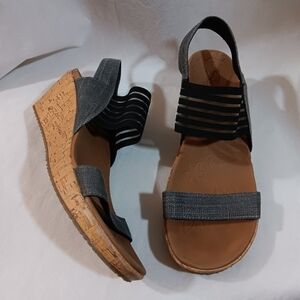 Skechers Womens 9 Sandal Beverlee Sheer Luck Black Linen Wedge Shoes